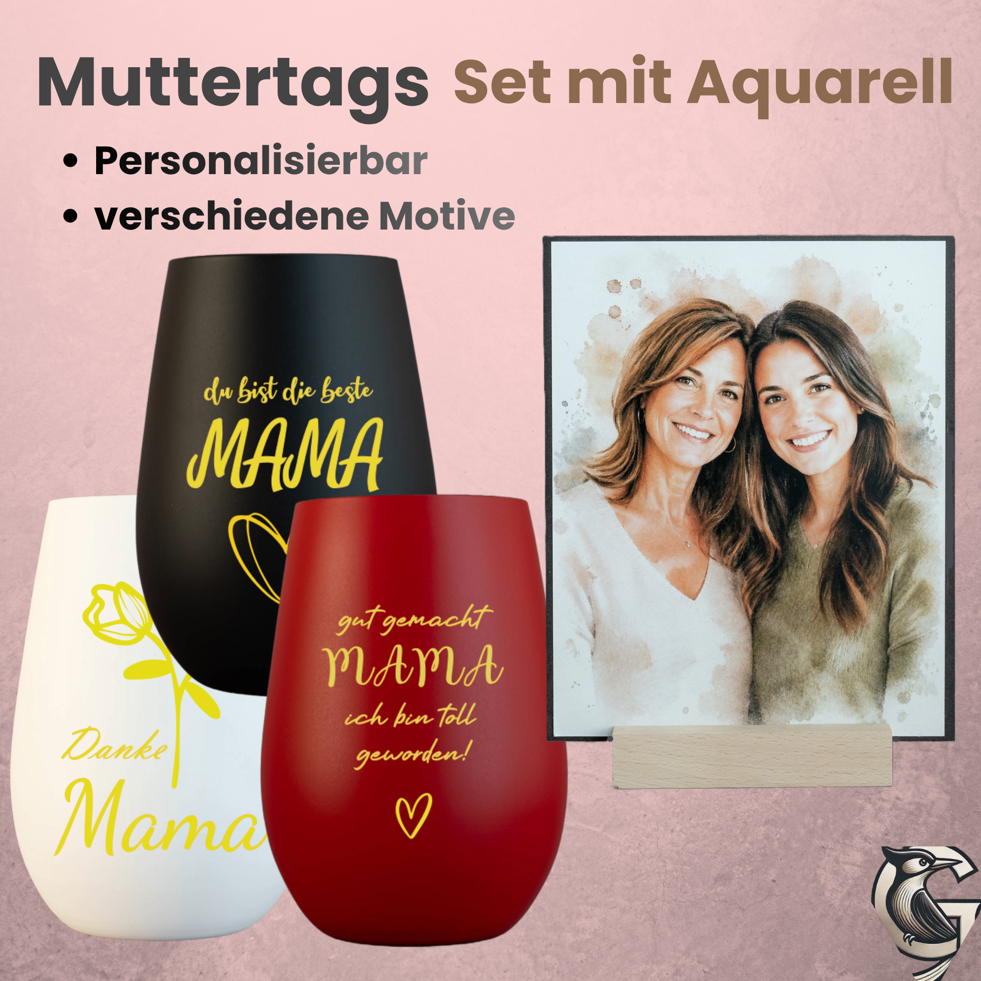 Muttertags-Set mit Aquarellbild & personalisiertem Windlicht