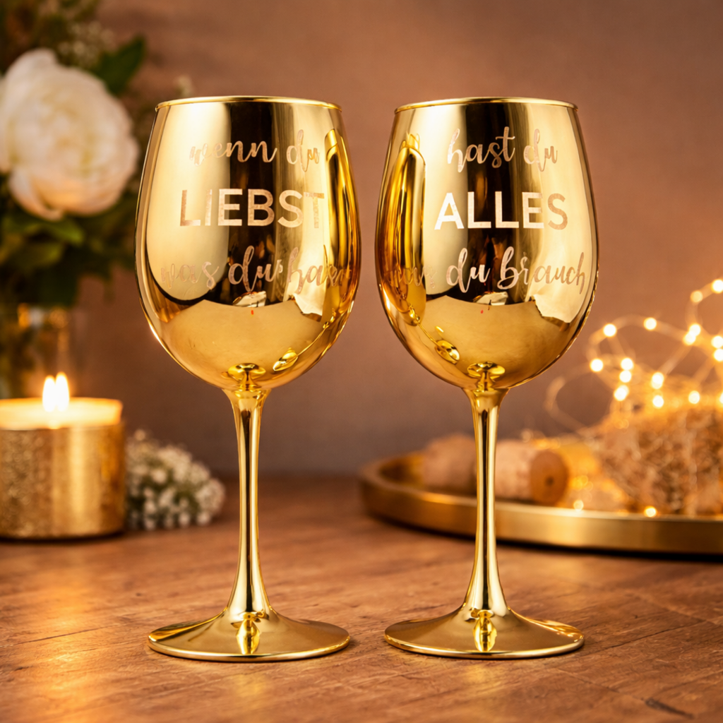 Geschenkset goldene Weingläser mit Geschenkverpackung, Blumenhalter und Karte