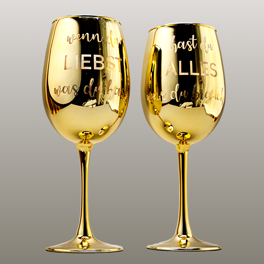 Geschenkset goldene Weingläser mit Geschenkverpackung, Blumenhalter und Karte