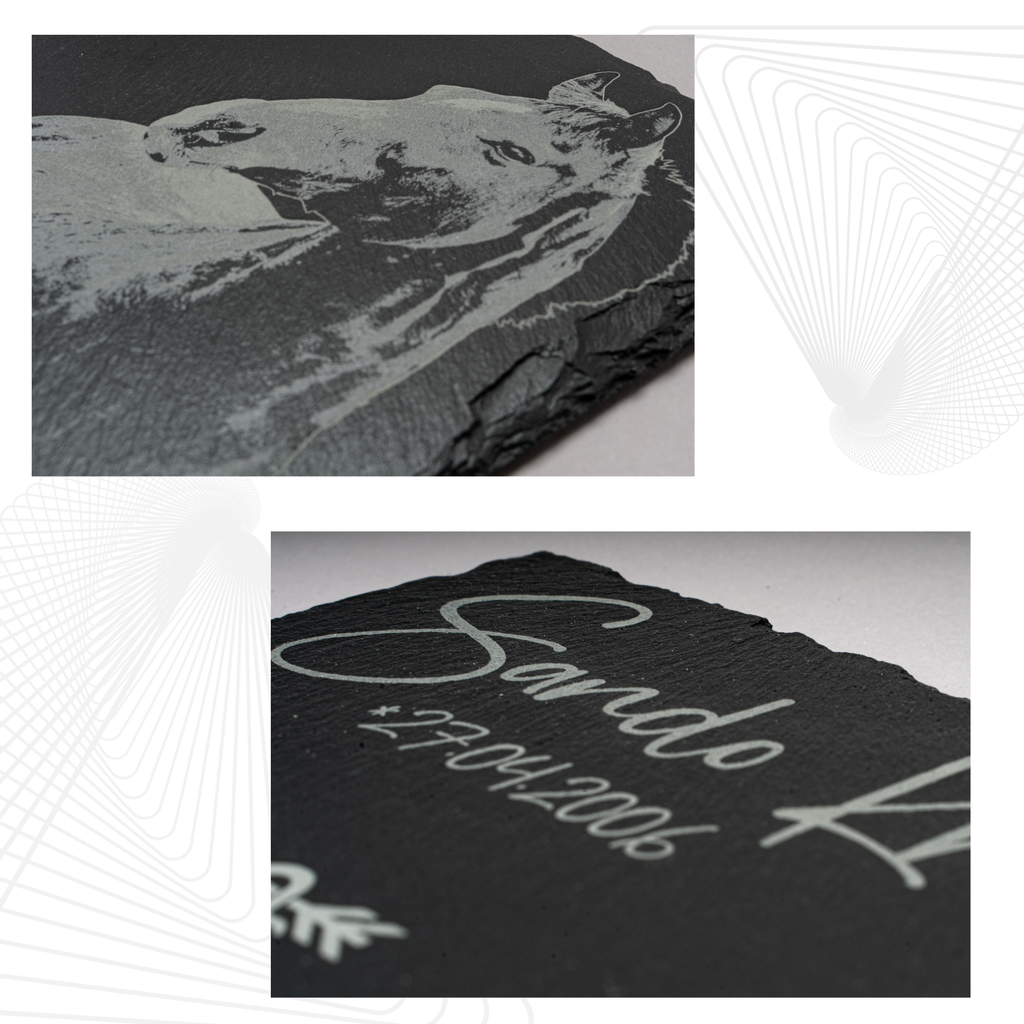 Boxentafel 30x20cm für Pferdestall mit Foto graviert auf Schiefer mit Platz für Informationen