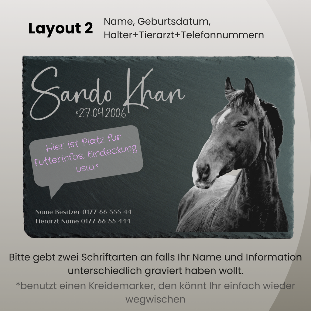 Boxentafel 30x20cm für Pferdestall mit Foto graviert auf Schiefer mit Platz für Informationen