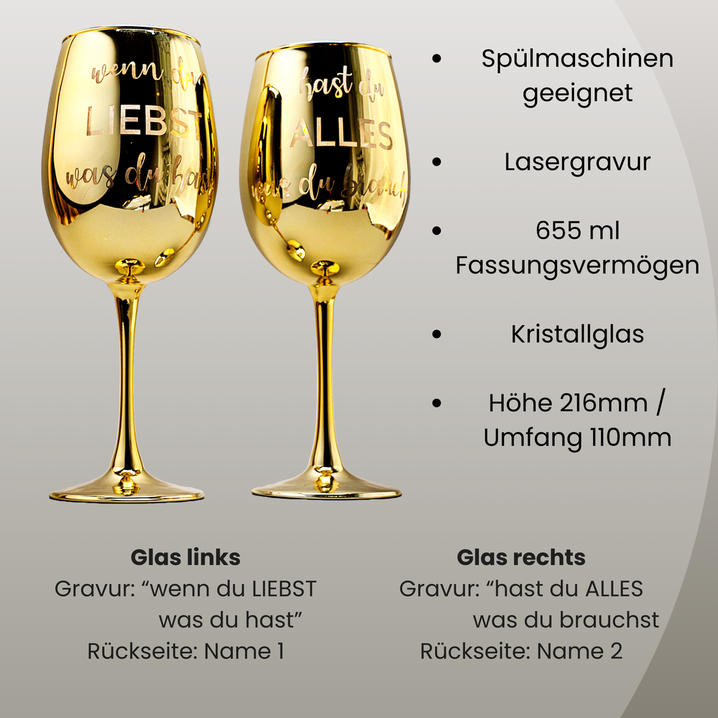 Geschenkset goldene Weingläser mit Geschenkverpackung, Blumenhalter und Karte