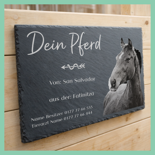 Boxentafel 30x20cm für Pferdestall mit Foto graviert auf Schiefer mit Herkunft