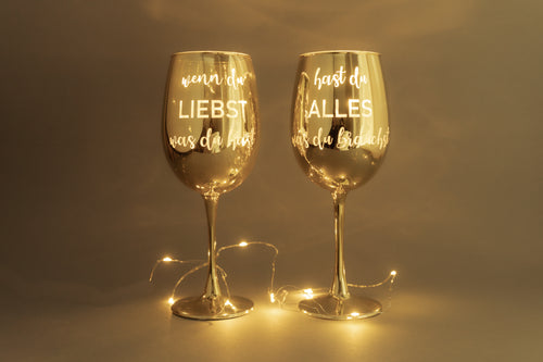 Geschenkset goldene Weingläser mit Geschenkverpackung, Blumenhalter und Karte