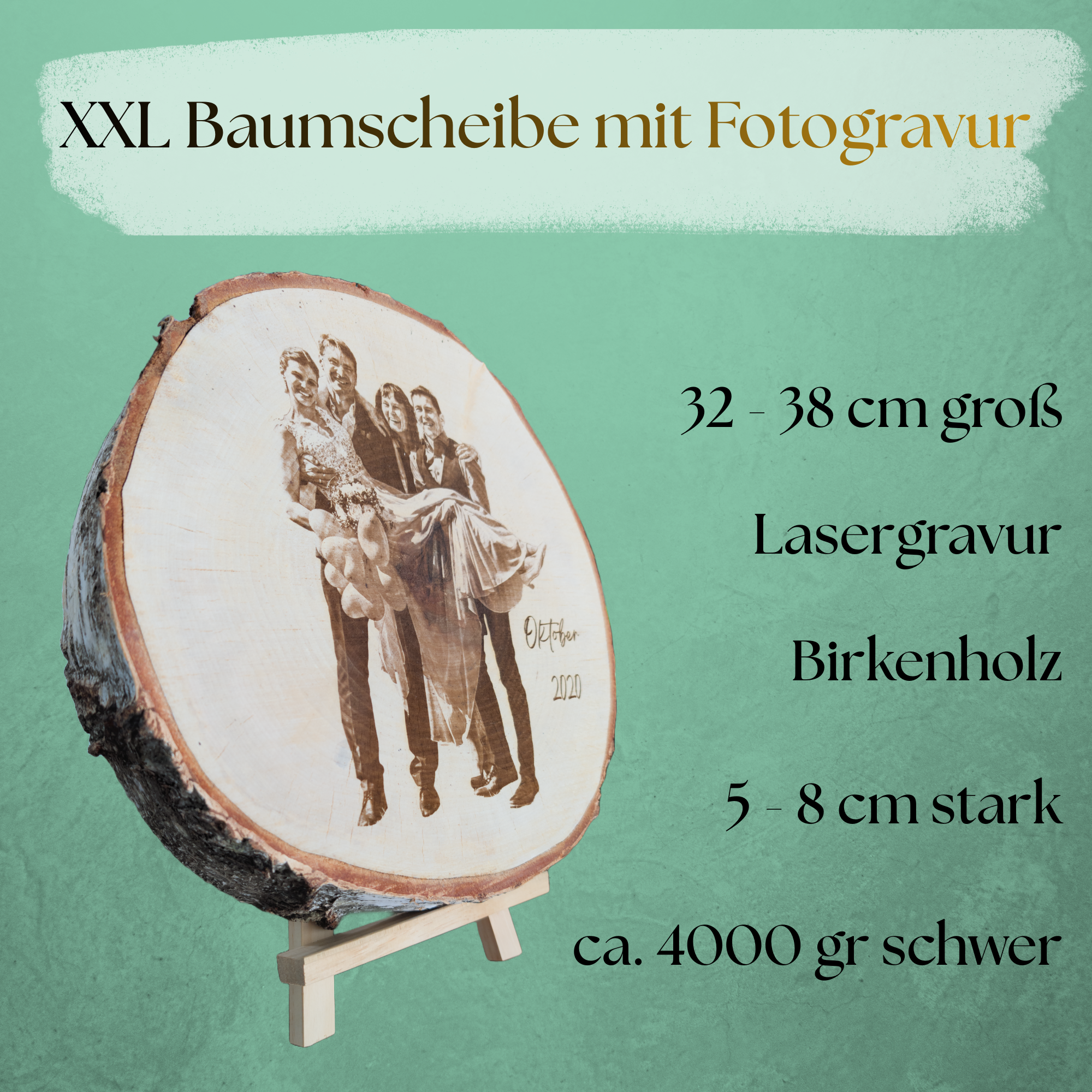 XXL Baumscheibe mit Fotogravur für Familienfotos, Hochzeitsfotos und Erinnerungen