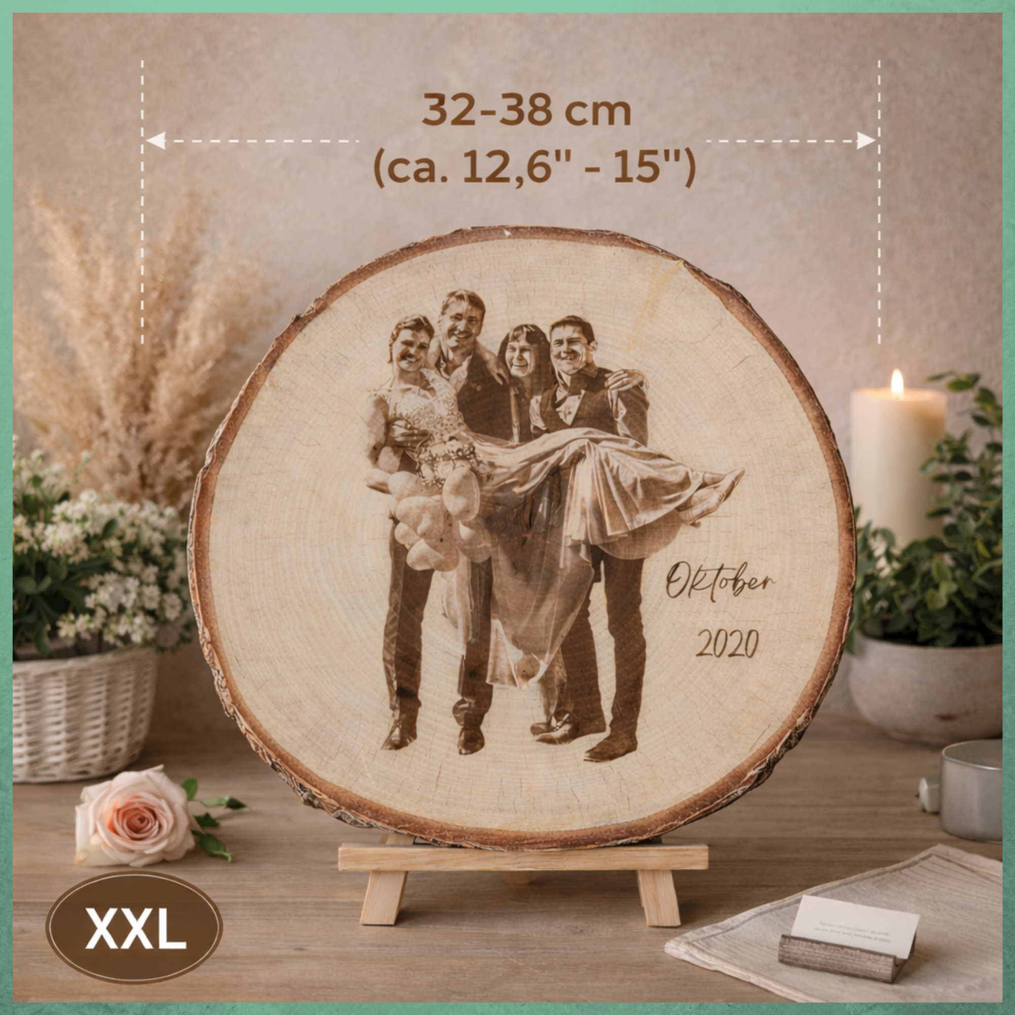 XXL Baumscheibe mit Fotogravur für Familienfotos, Hochzeitsfotos und Erinnerungen